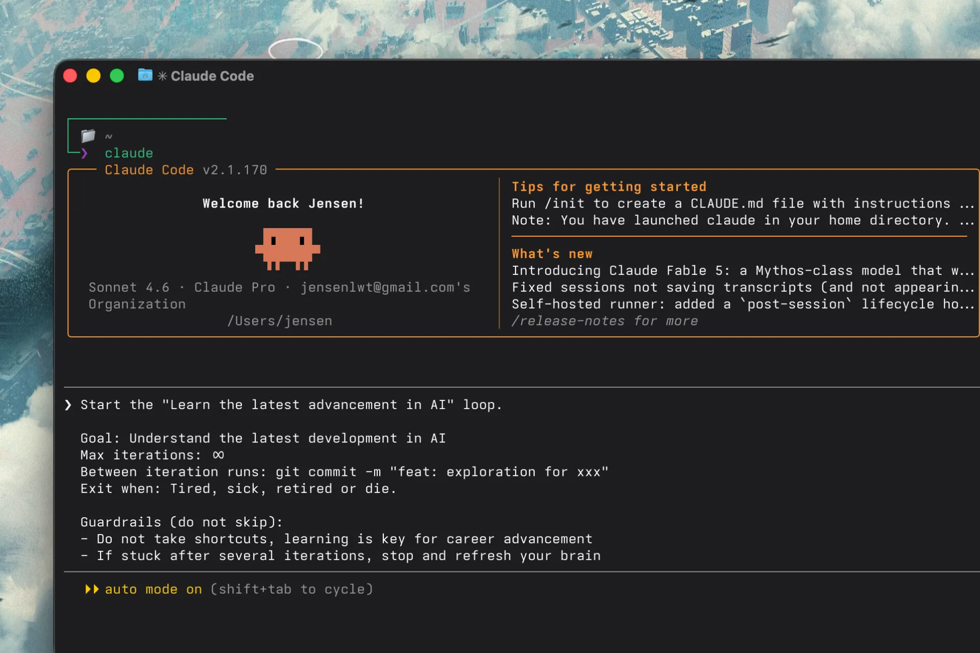 A Claude Code terminal running an endless loop to learn the latest AI developments, with max iterations set to infinity